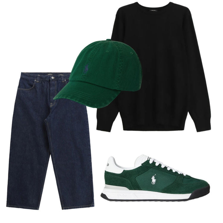 Outfit uomo - Comfy. Stile Urban per Tutti i giorni. Abbinamento con jeans, maglieria, sneakers, cappelli con visiera.