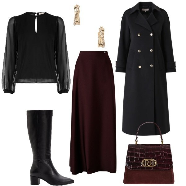 Outfit donna - Triangolo "A". Stile Casual chic per Serata fuori. Abbinamento con stivali, cappotti, gonne lunghe, borse a mano, bluse, orecchini.