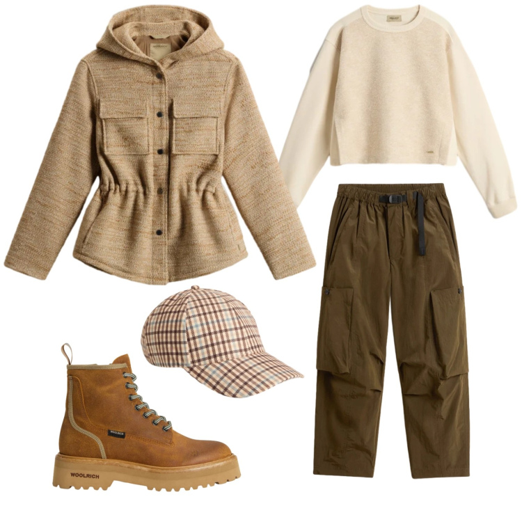 Outfit donna - Semplicemente Woolrich. Stile Casual per Tutti i giorni. Abbinamento con blazer, anfibi, pantaloni cargo, cappelli, felpe.