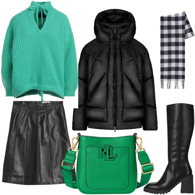 Outfit donna - Il maglione creativo. Stile Chic per Ufficio. Abbinamento con gonne, stivali, maglieria, borse a tracolla, piumini, sciarpe.