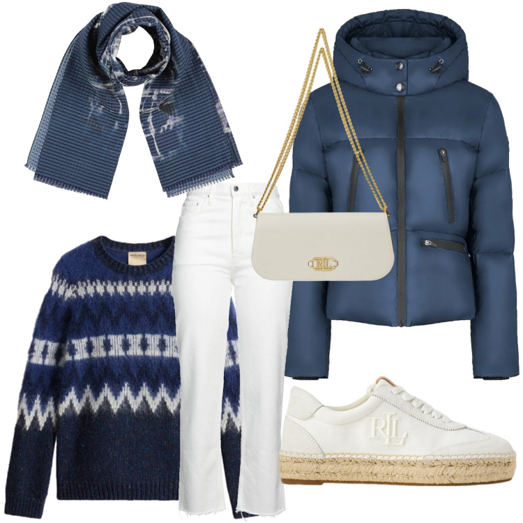 Outfit donna - L\'eterno bianco e blu. Stile Glamour per Ufficio. Abbinamento con sciarpe, jeans dritti, sneakers, borse a spalla, piumini, maglieria.