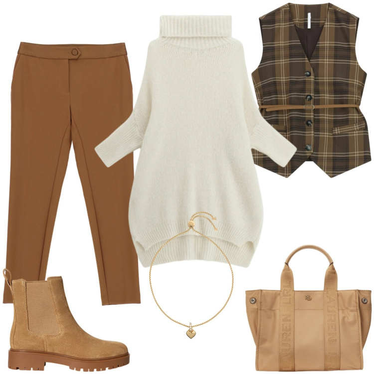 Outfit donna - Maglione morbido e gilet scozzese. Stile Casual per Tutti i giorni. Abbinamento con pantaloni, gilet, maglieria, braccialetti, stivaletti chelsea, borse tote.
