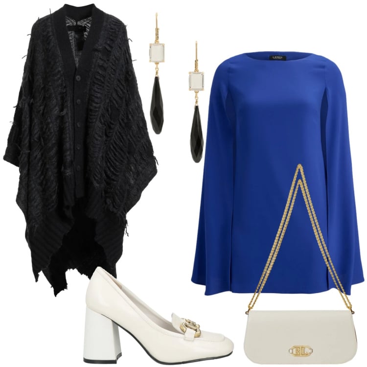 Outfit donna - Party chic. Stile Chic per Serata fuori. Abbinamento con mocassini, cappe, vestiti, orecchini, borse a spalla.
