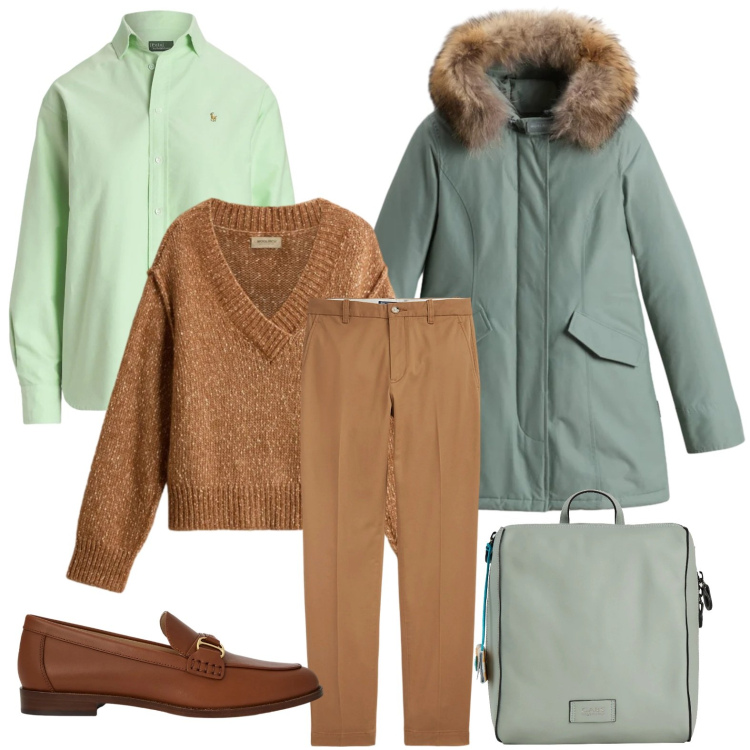 Outfit donna - Il parka imbottito. Stile Minimal per Scuola/Università. Abbinamento con zaini, pantaloni chino, mocassini, camicie, parka, maglieria.