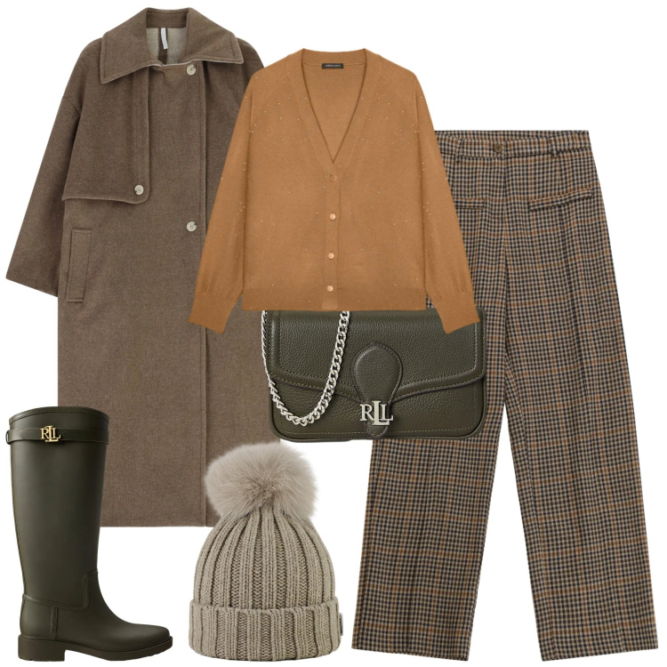 Outfit donna - Rainy and snowy. Stile Casual chic per Tutti i giorni. Abbinamento con cappotti, pantaloni a palazzo, clutch, stivali di gomma, berretti, cardigans.