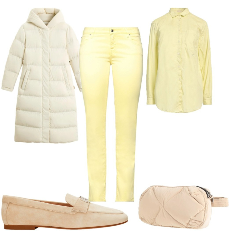 Outfit donna - Tonalità panna e burro: minimal. Stile Minimal per Tutti i giorni. Abbinamento con marsupi, camicie, jeans, mocassini, piumini.