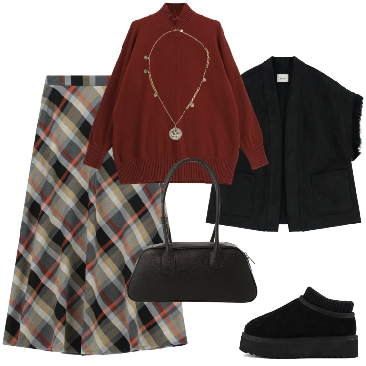 Outfit donna - Caffè con le amiche. Stile Casual per Tutti i giorni. Abbinamento con maglieria, gilet, borse a mano, ciondoli, gonne lunghe, sabot.