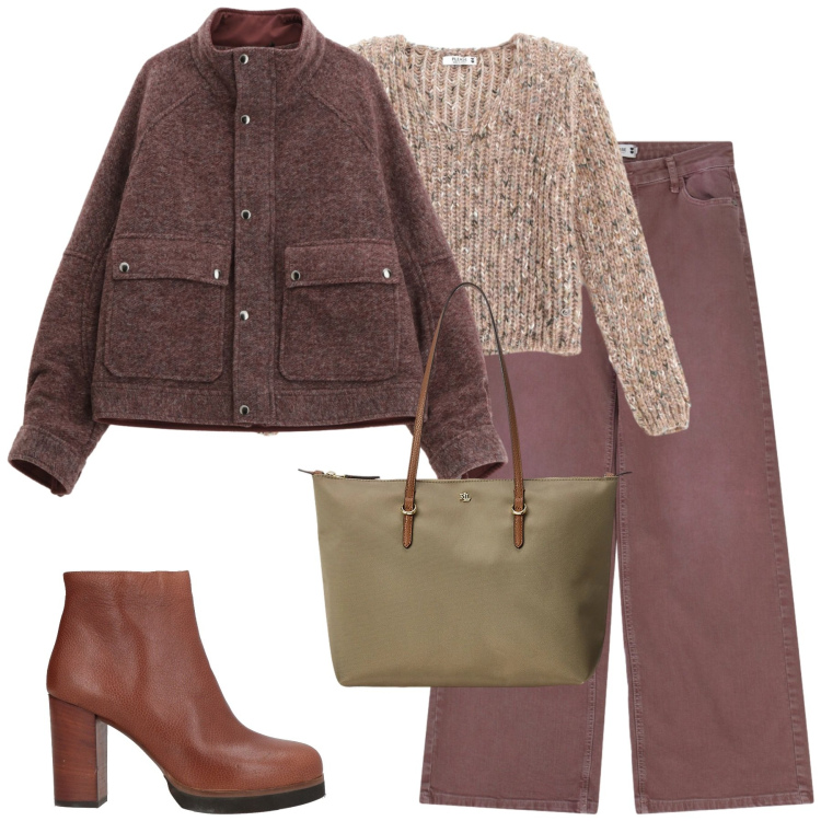 Outfit donna - Gennaio. Stile Casual chic per Tutti i giorni. Abbinamento con stivaletti, caban, pantaloni a palazzo, maglieria, borse tote.