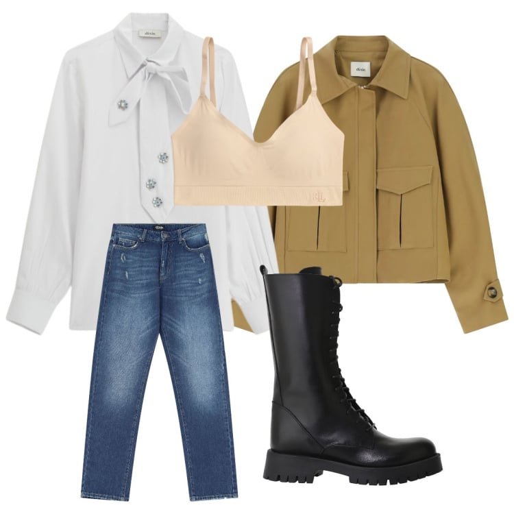 Outfit donna - Look Dixie che sorprende. Stile Minimal per Tutti i giorni. Abbinamento con reggiseni, camicie, jeans dritti, stivali, bomber.