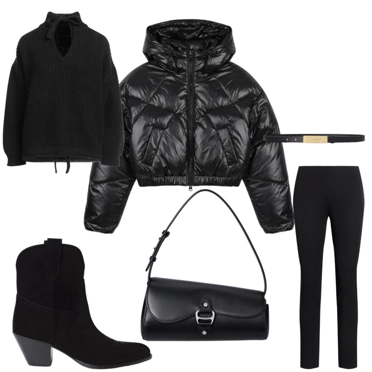 Outfit donna - Dimensione black. Stile Chic per Serata fuori. Abbinamento con maglieria, pantaloni skinny, borse a spalla, stivaletti, cinture, piumini.