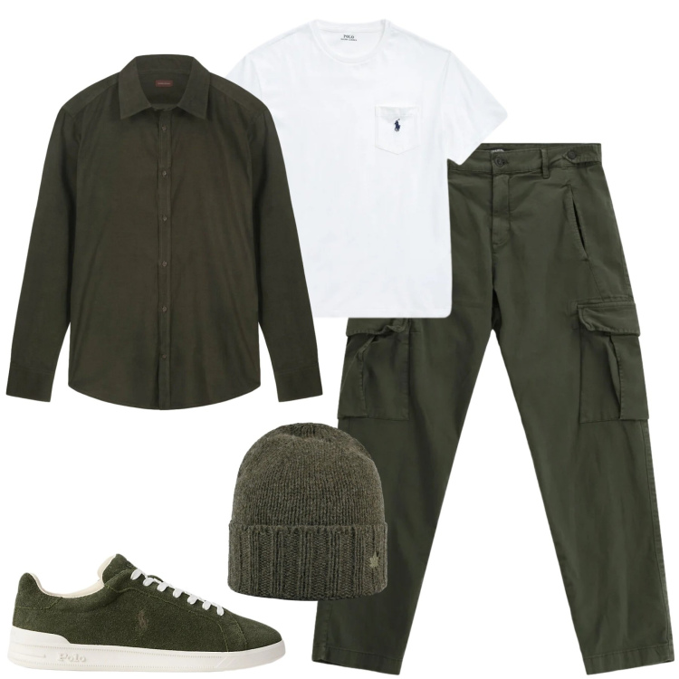 Outfit uomo - I cargo verdi. Stile Casual per Tutti i giorni. Abbinamento con pantaloni cargo, sneakers, t-shirt, cappelli, camicie.
