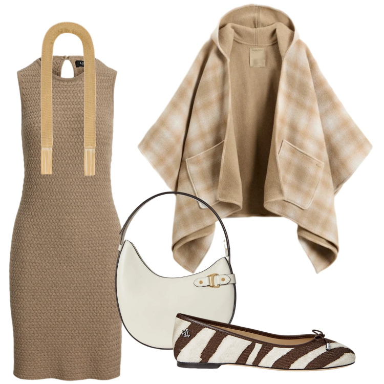 Outfit donna - Fantasia zebra. Stile Chic per Ufficio. Abbinamento con borse a spalla, collane, ballerine, vestiti senza maniche, cappe.