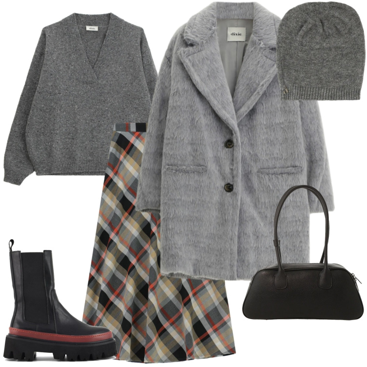 Outfit donna - Saldi Dixie 25. Stile Casual chic per Tutti i giorni. Abbinamento con gonne lunghe, cappotti, borse a mano, berretti, maglieria, stivaletti chelsea.