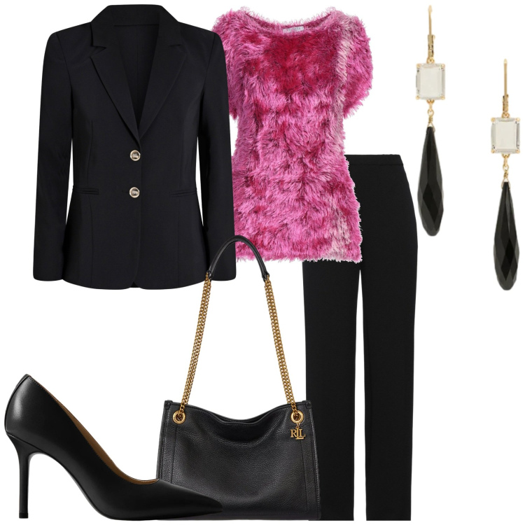 Outfit donna - Invito ad una cena. Stile Glamour per Serata fuori. Abbinamento con pantaloni, pullovers, blazer, décolleté, orecchini, borse tote.