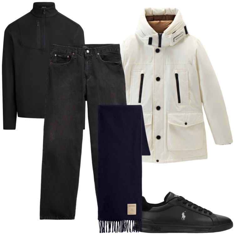 Outfit uomo - Bianco e Nero. Stile Casual per Tutti i giorni. Abbinamento con sneakers, jeans, pullovers, parka, sciarpe.