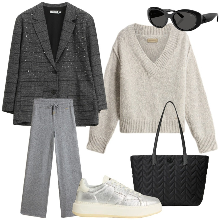 Outfit donna - Soft grey. Stile Casual chic per Tutti i giorni. Abbinamento con blazer, occhiali da sole, borse tote, maglieria, sneakers, pantaloni.