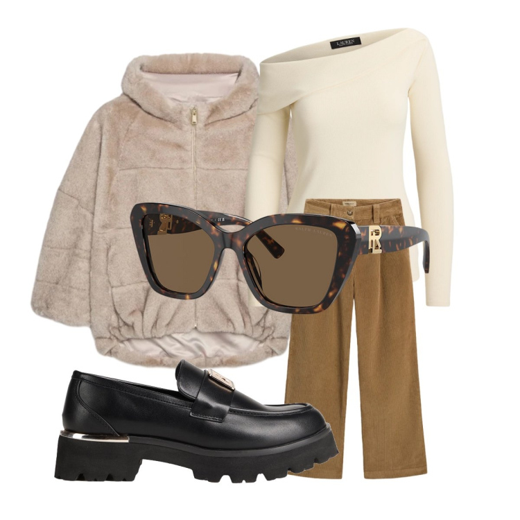 Outfit donna - Mi sento bene e al caldo. Stile Glamour per Tutti i giorni. Abbinamento con mocassini, top, occhiali da sole, pantaloni, ecopellicce.