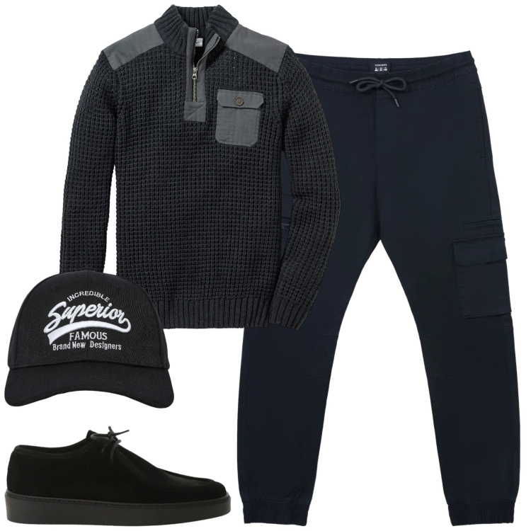 Outfit uomo - Total look #2313422. Stile Casual per Tutti i giorni. Abbinamento con maglieria, cappelli con visiera, pantaloni cargo, scarpe stringate.
