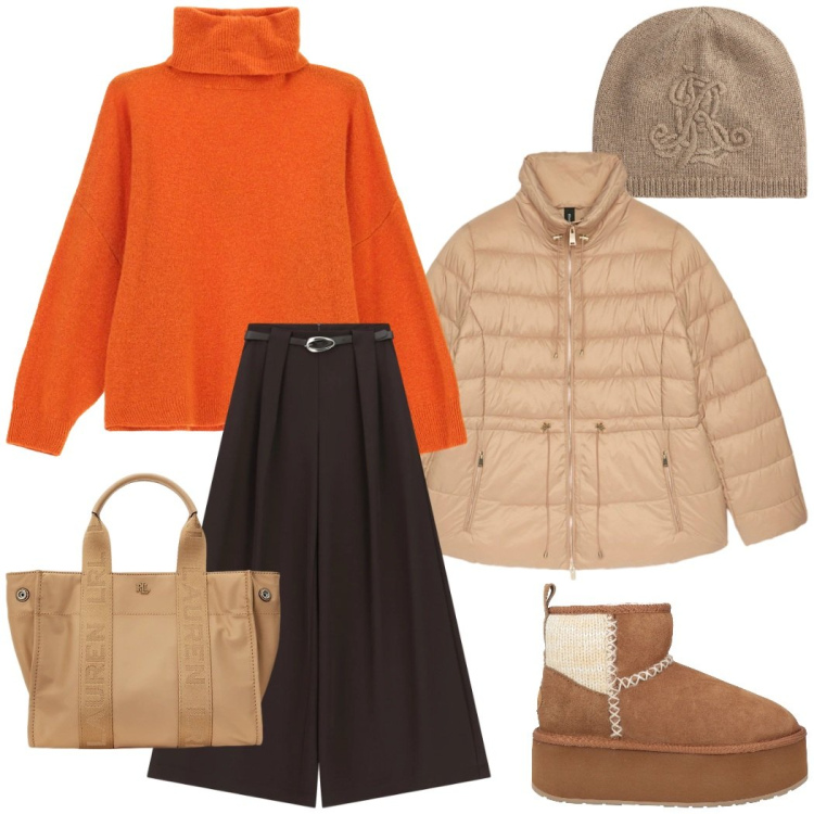 Outfit donna - Stile confortevole. Stile Casual chic per Tutti i giorni. Abbinamento con stivaletti, pantaloni a palazzo, maglieria, borse tote, berretti, piumini.