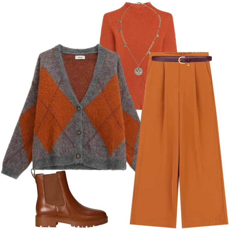 Outfit donna - Dixie saldi 25. Stile Casual chic per Tutti i giorni. Abbinamento con cinture, stivaletti chelsea, pantaloni a palazzo, maglieria, cardigans, ciondoli.