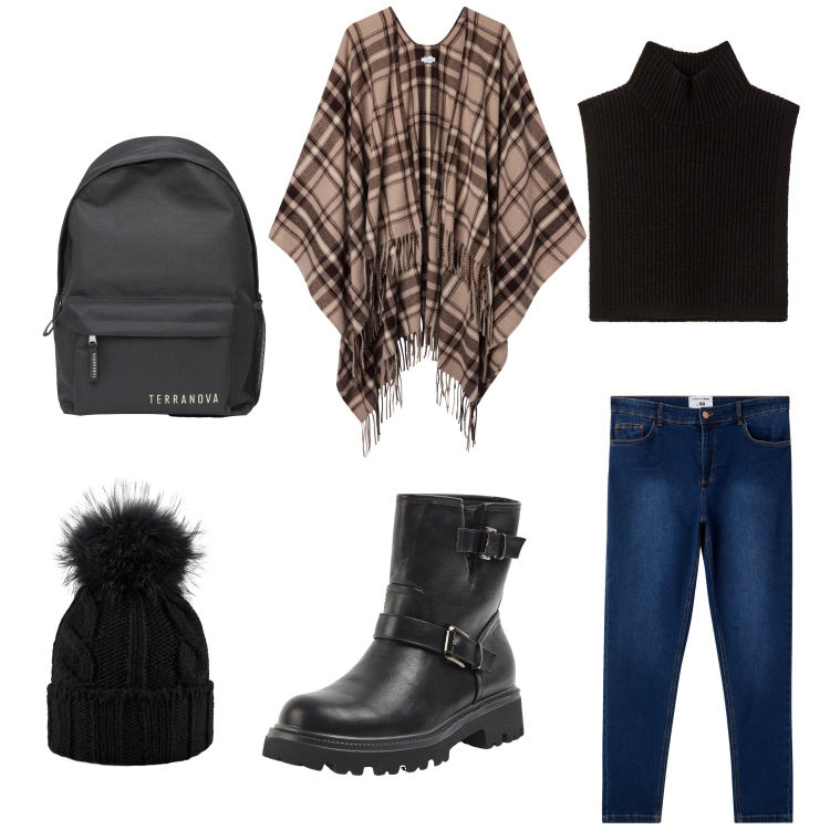Outfit donna - Semplice/ Giornaliero. Stile Casual per Tutti i giorni. Abbinamento con maglieria, jeans skinny, stivaletti, zaini, cappotti, berretti.
