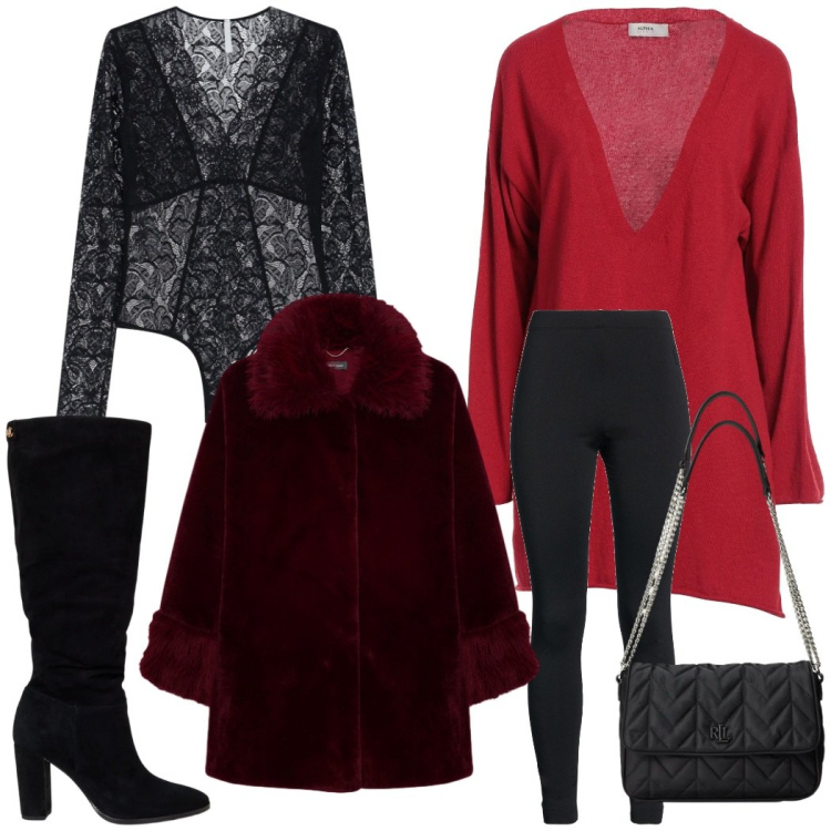 Outfit donna - Total look #2313435. Stile Chic per Serata fuori. Abbinamento con pullovers, leggings, body, borse a tracolla, stivali, cappotti.