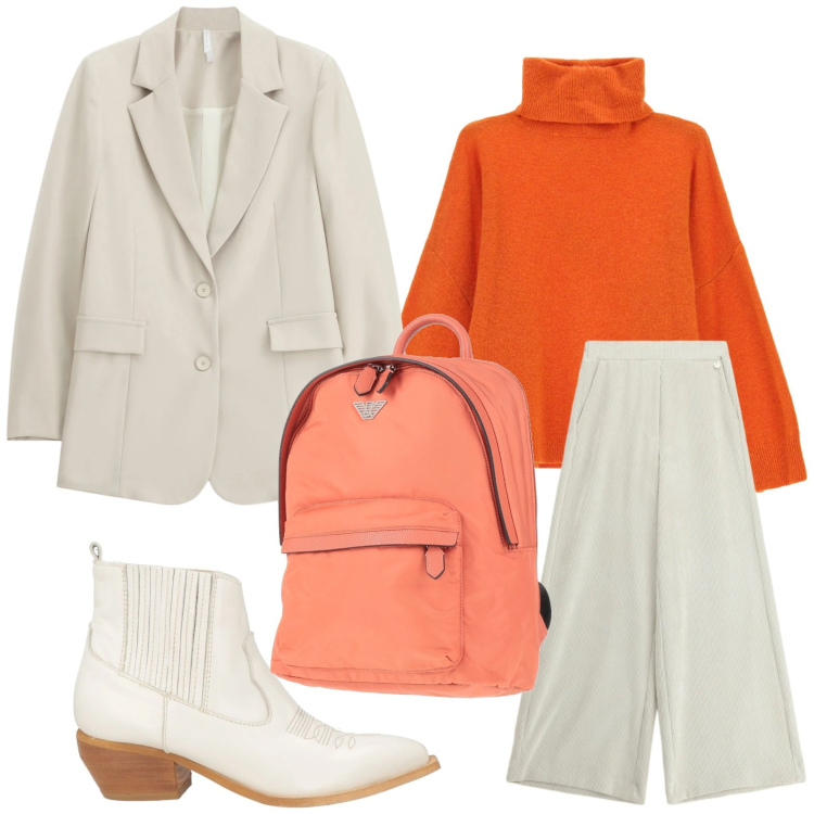 Outfit donna - Texani white. Stile Bon Ton per Scuola/Università. Abbinamento con zaini, stivaletti chelsea, blazer, pantaloni a palazzo, maglieria.