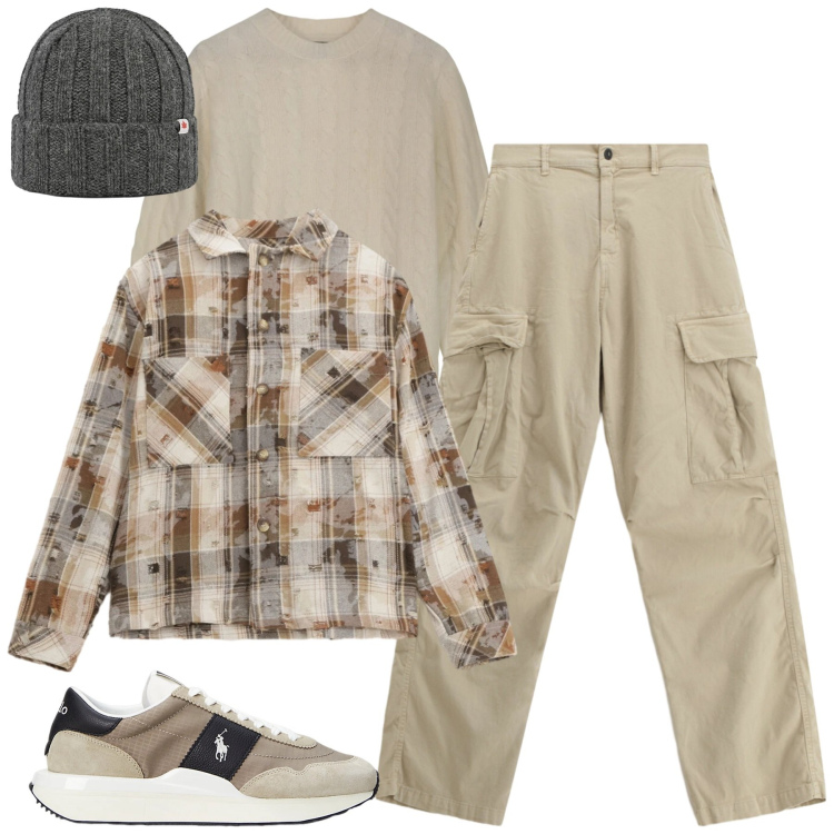 Outfit uomo - Gennaio. Stile Casual per Tutti i giorni. Abbinamento con camicie, pantaloni cargo, sneakers, berretti, maglieria.