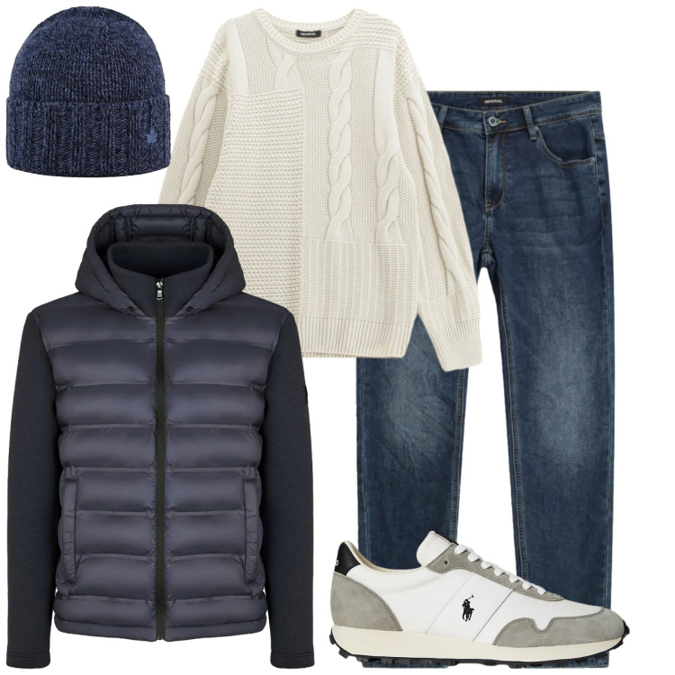 Outfit uomo - Gennaio. Stile Casual per Tutti i giorni. Abbinamento con maglieria, jeans slim fit, sneakers, cappelli, piumini.