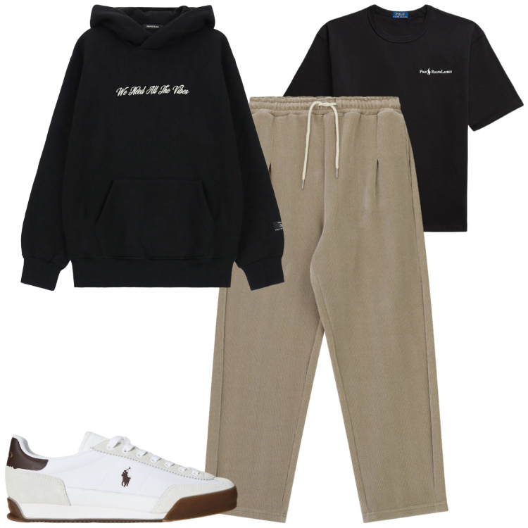 Outfit uomo - Total look #2313442. Stile Casual per Tutti i giorni. Abbinamento con felpe con cappuccio, pantaloni, sneakers, t-shirt.