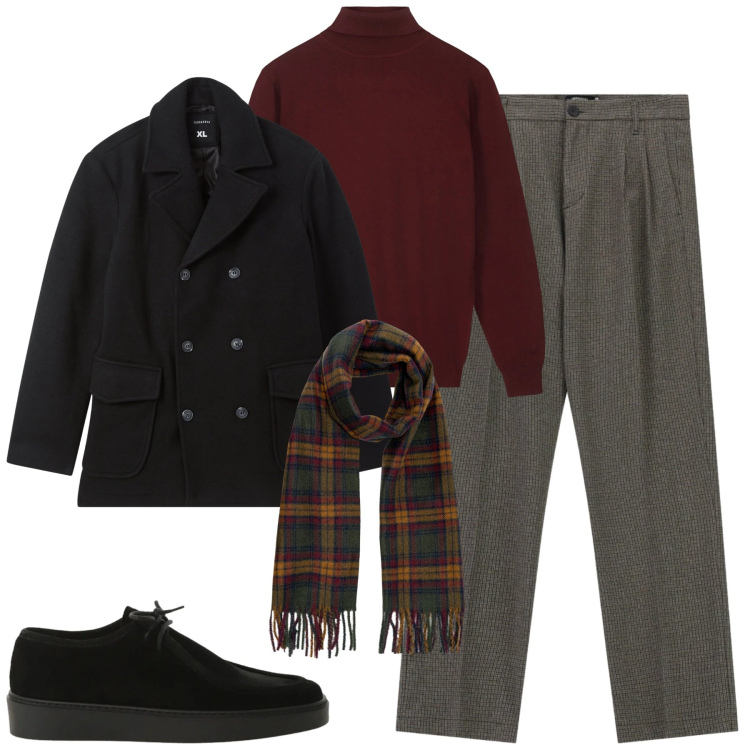 Outfit uomo - City. Stile Urban per Tutti i giorni. Abbinamento con caban, pantaloni, scarpe stringate, maglieria, sciarpe.