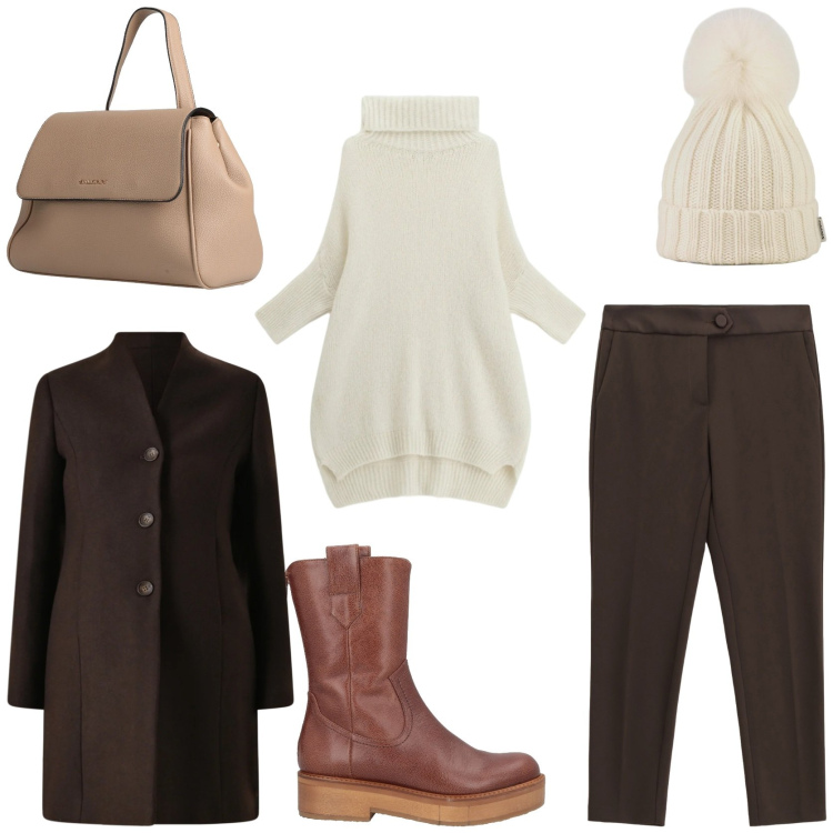 Outfit donna - Brownie palette. Stile Urban per Tutti i giorni. Abbinamento con stivaletti, zaini, cappotti, pantaloni, maglieria, berretti.
