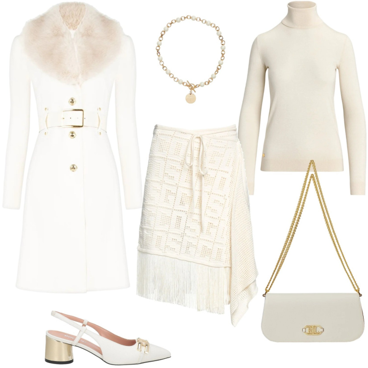 Outfit donna - Sfumature di panna e burro. Stile Trendy per Serata fuori. Abbinamento con minigonne, décolleté, collane, maglieria, borse a spalla, cappotti.