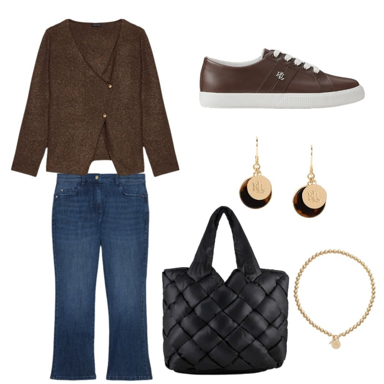 Outfit donna - Caffè nero. Stile Casual chic per Tutti i giorni. Abbinamento con collane, orecchini, sneakers, borse tote, jeans dritti, cardigans.