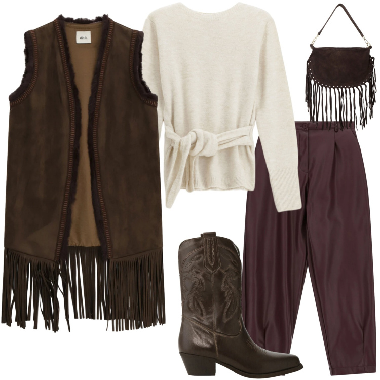 Outfit donna - Saldi Dixie 25. Stile Glamour per Serata fuori. Abbinamento con maglieria, pantaloni, cappotti, stivali, borse a tracolla.