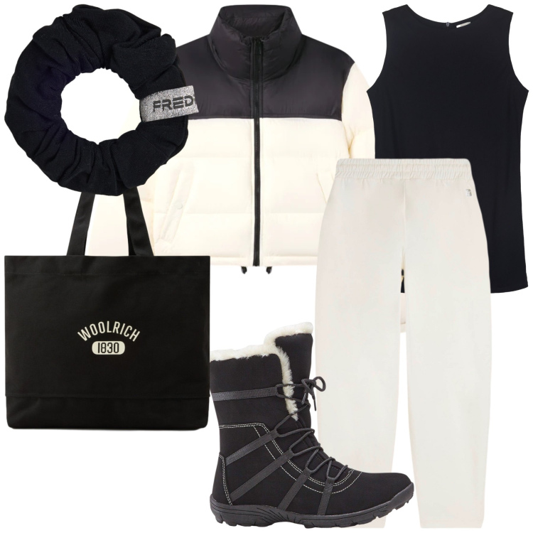Outfit donna - Bianco e nero. Stile Casual per Tutti i giorni. Abbinamento con stivaletti, bomber, accessori per capelli, pantaloni, borse tote, top.