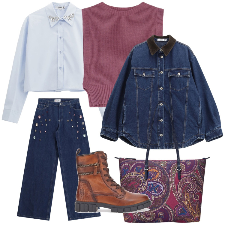 Outfit donna - Please - Saldi FW 2025. Stile Minimal per Ufficio. Abbinamento con camicie, jeans, maglieria, blazer, borse tote, anfibi.