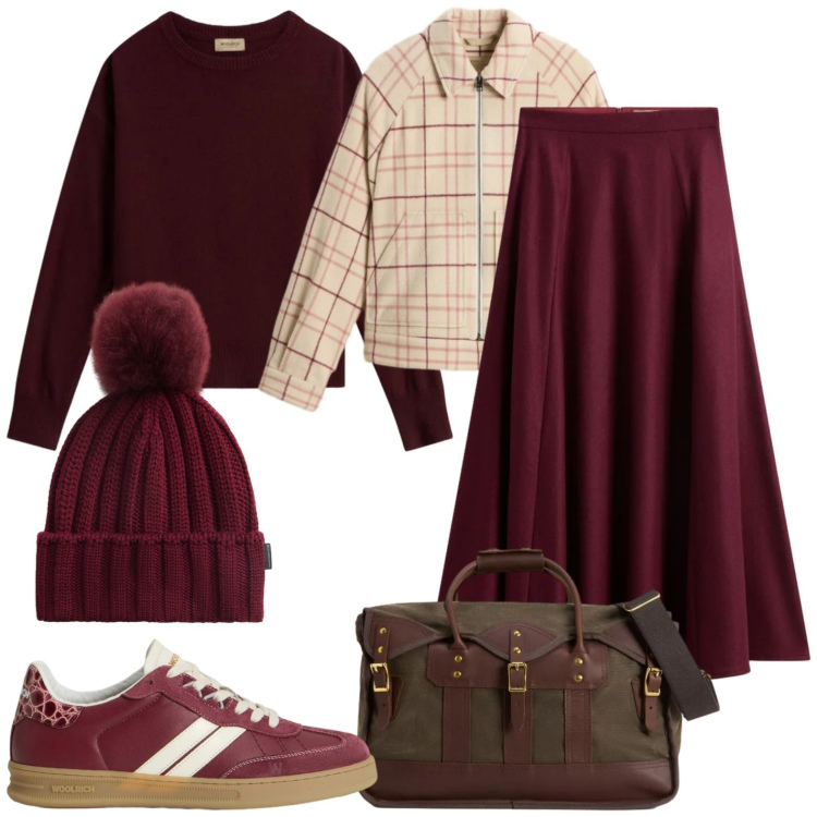 Outfit donna - A tutto bordeaux. Stile Casual chic Abbinamento con borse a tracolla, maglieria, sneakers, gonne lunghe, berretti, cappotti.