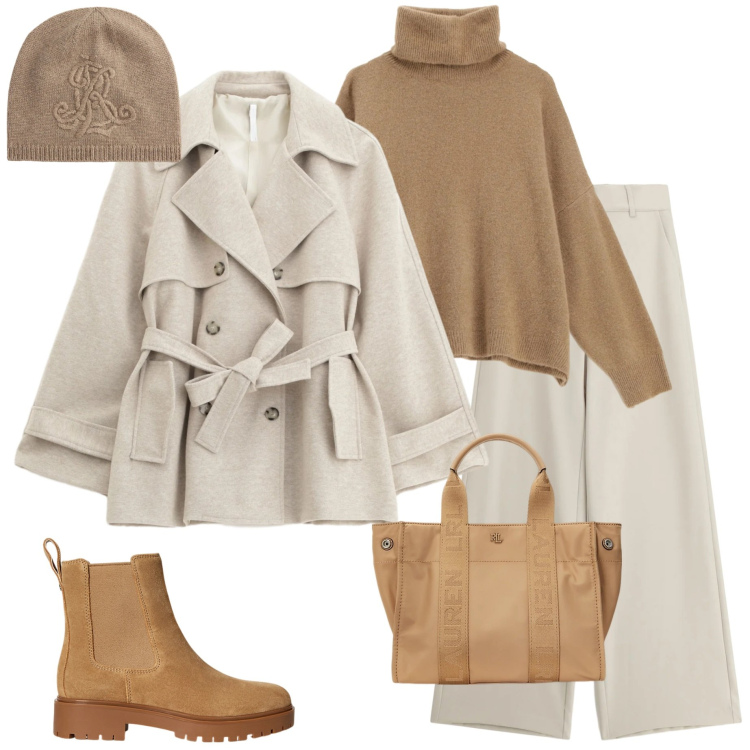 Outfit donna - Saldi Imperial 25. Stile Casual chic per Tutti i giorni. Abbinamento con trench, maglieria, pantaloni a palazzo, borse tote, stivaletti chelsea, berretti.