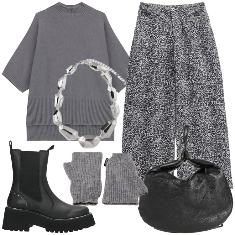 Outfit donna - Grigio gioiale. Stile Casual per Tutti i giorni. Abbinamento con stivaletti, zaini, pantaloni, maglieria, guanti, ciondoli.