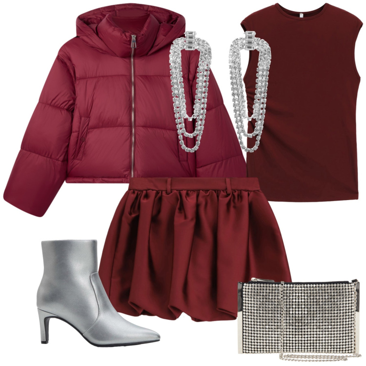 Outfit donna - Argento sul vino. Stile Glamour per Serata fuori. Abbinamento con stivaletti, orecchini, bomber, top, minigonne, pochette.