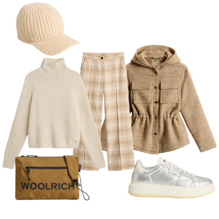 Outfit donna - Disinvolta!. Stile Casual chic per Tutti i giorni. Abbinamento con borse a tracolla, pantaloni, maglieria, blazer, sneakers, cappelli.