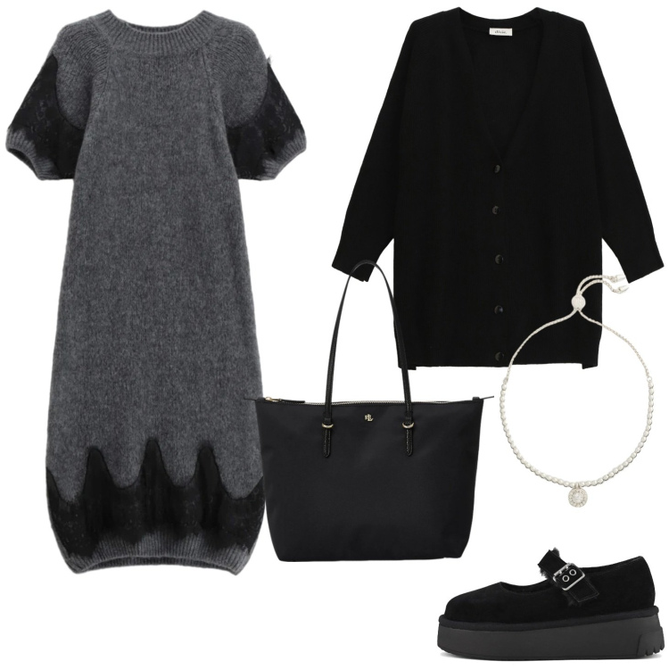Outfit donna - Grigio e nero. Stile Glamour per Tutti i giorni. Abbinamento con borse tote, braccialetti, vestiti corti, cardigans, décolleté.