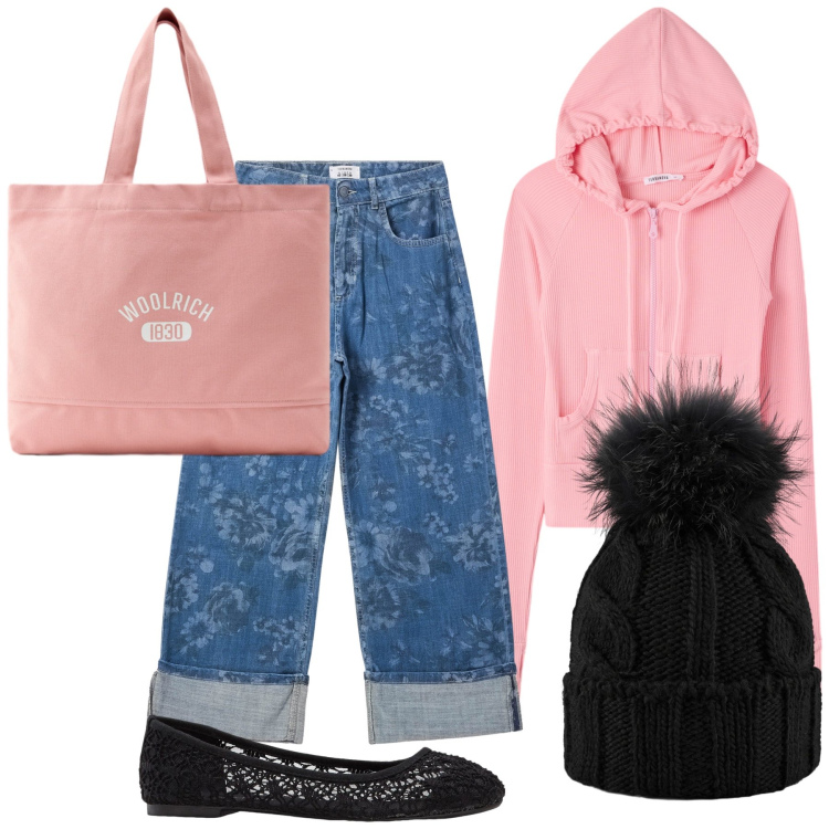Outfit donna - Romanticismo sportivo. Stile Romantica per Tutti i giorni. Abbinamento con ballerine, jeans dritti, felpe con cappuccio, berretti, borse tote.