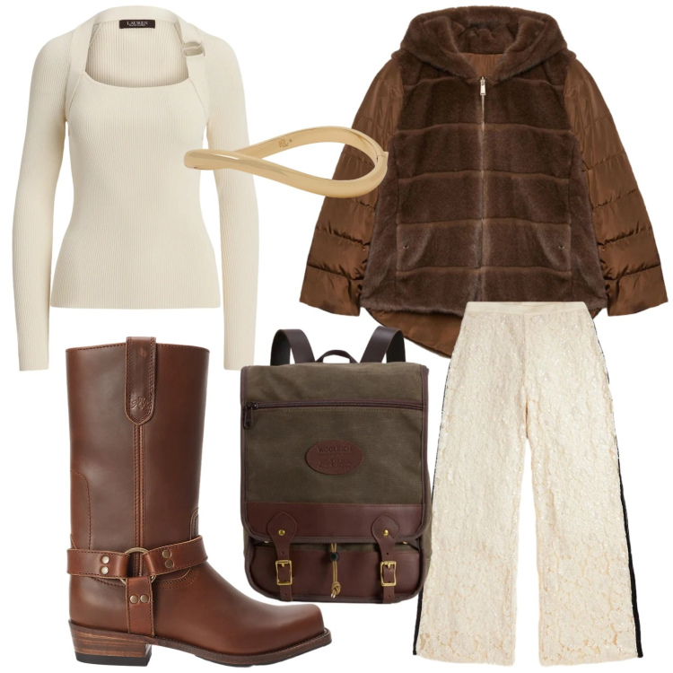 Outfit donna - Un nuovo anno, un nuovo stile. Stile Glamour per Serata fuori. Abbinamento con braccialetti, stivaletti, maglieria, pantaloni, zaini, ecopellicce.