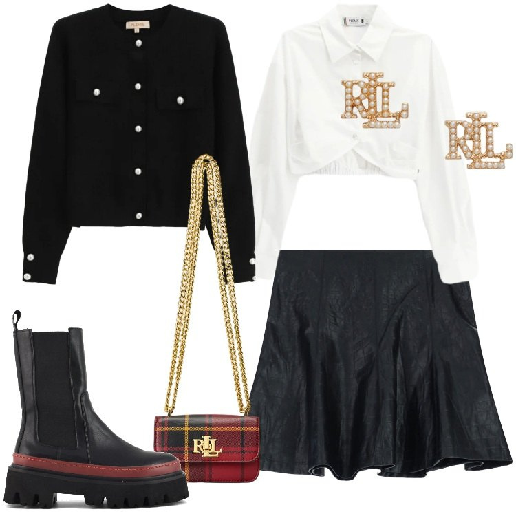 Outfit donna - Please - Saldi FW 2025. Stile Trendy per Serata fuori. Abbinamento con minigonne, cardigans, camicie, orecchini, pochette, stivaletti chelsea.