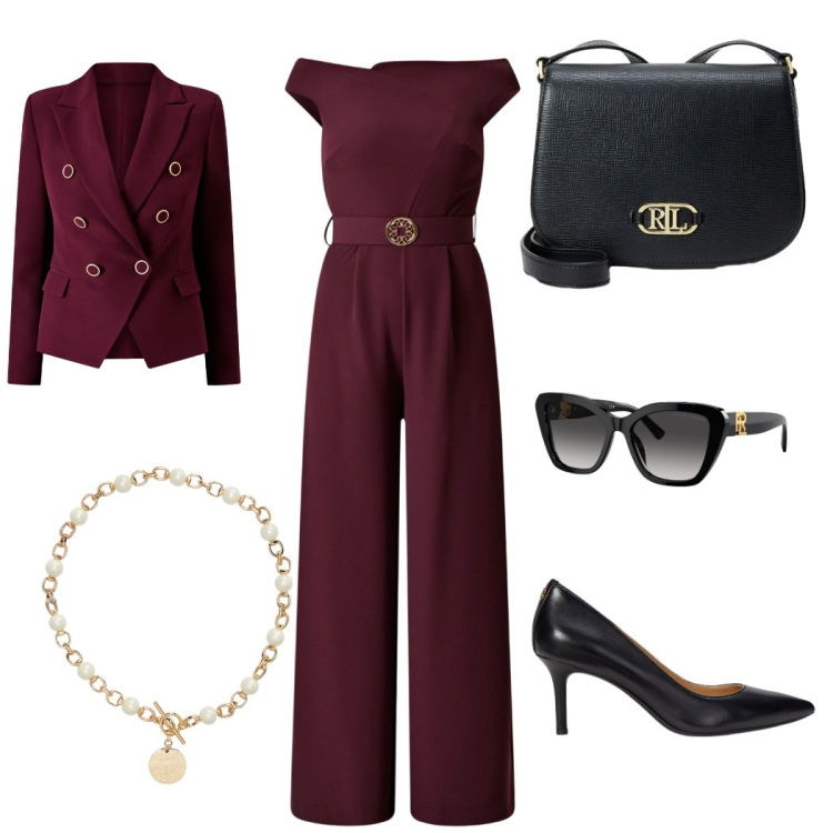 Outfit donna - ufficio glam. Stile Bon Ton per Ufficio. Abbinamento con occhiali da sole, collane, décolleté, borse a tracolla, tute, blazer.