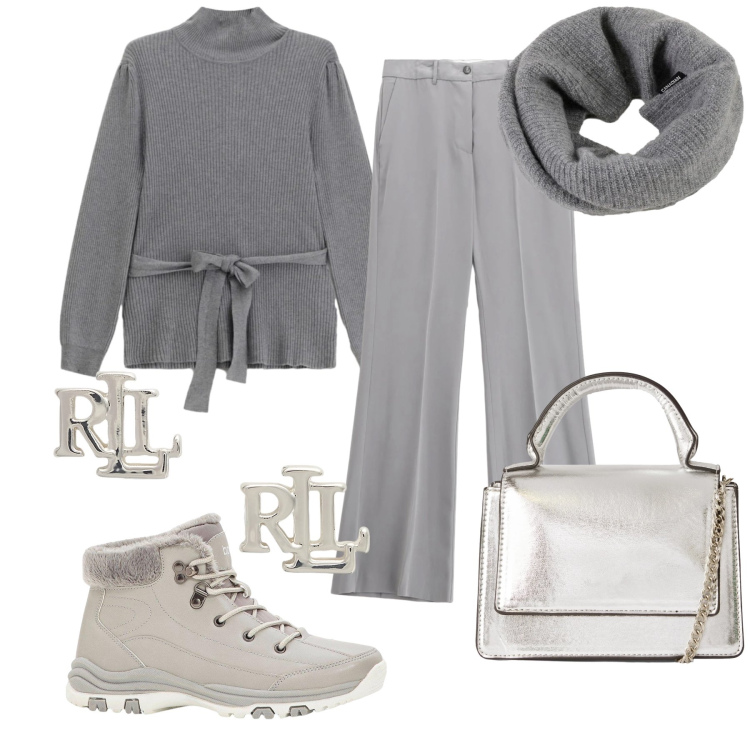 Outfit donna - Grey choice. Stile Bon Ton per Tutti i giorni. Abbinamento con stivaletti, borse a tracolla, pantaloni, maglieria, orecchini, scaldacollo.