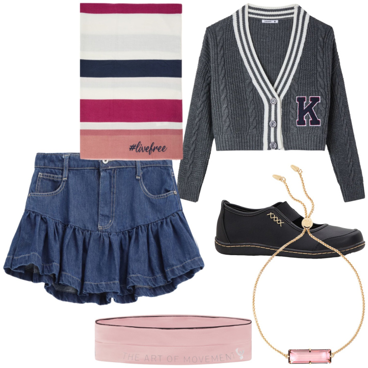 Outfit donna - Mix. Stile Preppy per Tutti i giorni. Abbinamento con ballerine, cardigans, minigonne, marsupi, braccialetti, sciarpe.