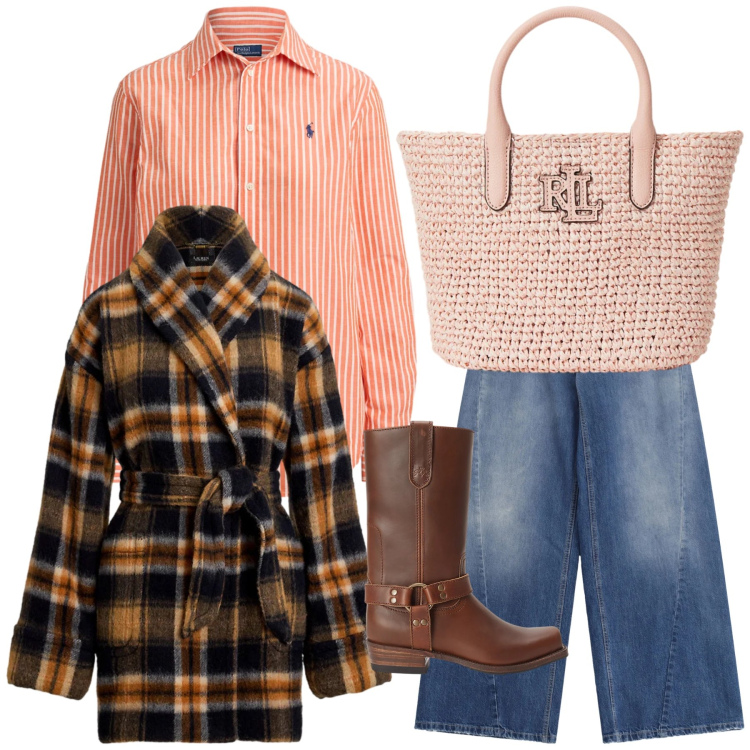 Outfit donna - Total look. Stile Trendy per Tutti i giorni. Abbinamento con jeans, camicie, borse tote, stivaletti, cappotti.